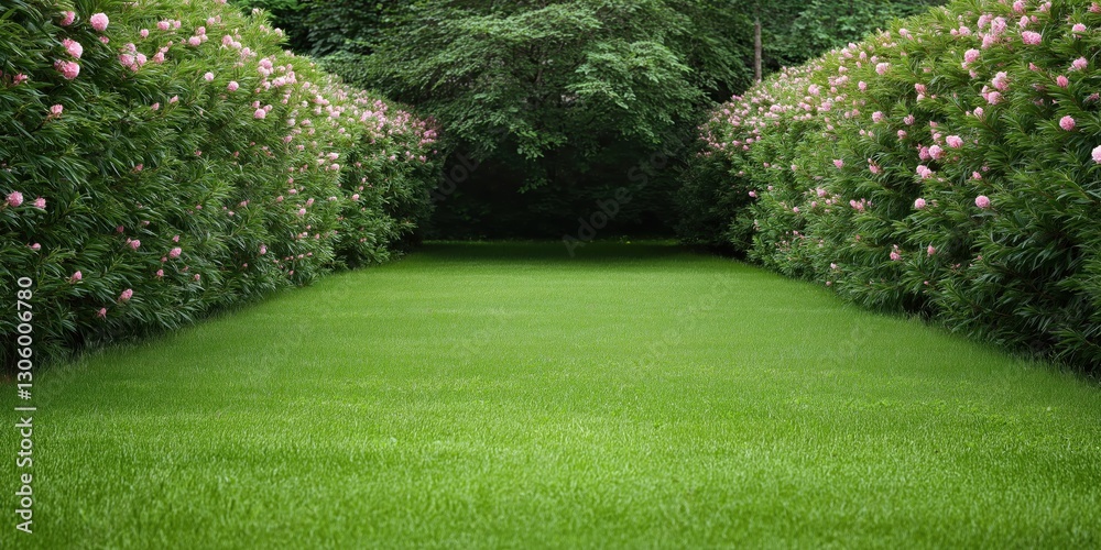 Naklejka premium A tranquil garden pathway lined with lush green grass and flowering shrubs, inviting tranquility and a peaceful connection with nature in a picturesque setting.
