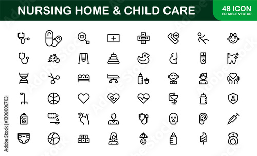 Nursing Home and Child Care Icon Set. Premium Icons for Senior Care, Elderly Assistance, Childcare, and Family Support