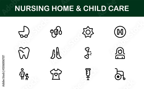 Nursing Home and Child Care Icon Set. Premium Icons for Senior Care, Elderly Assistance, Childcare, and Family Support
