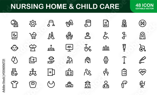 Nursing Home and Child Care Icon Set. Premium Icons for Senior Care, Elderly Assistance, Childcare, and Family Support