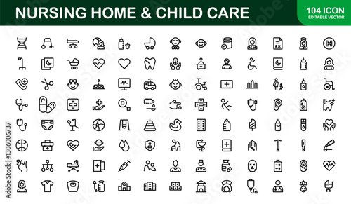 Nursing Home and Child Care Icon Set. Premium Icons for Senior Care, Elderly Assistance, Childcare, and Family Support