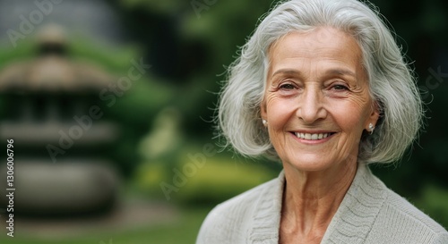Happy old woman with white hair close-up portrait at a zen garden background, healthy aging, gratefulness concept