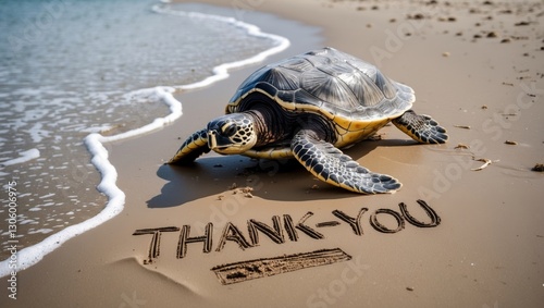 A sea turtle resting on a sandy beach with ocean waves nearby and the words 'Thank You' written in the sand photo