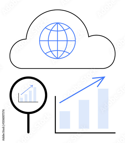 Cloud with globe icon, magnifying glass over increasing bar chart, upward arrow. Ideal for data analytics, global trends, cloud computing, growth monitoring, research, business insights flat simple