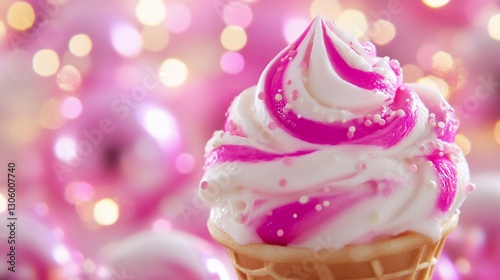 Pink swirl ice cream cone, festive bokeh, dessert