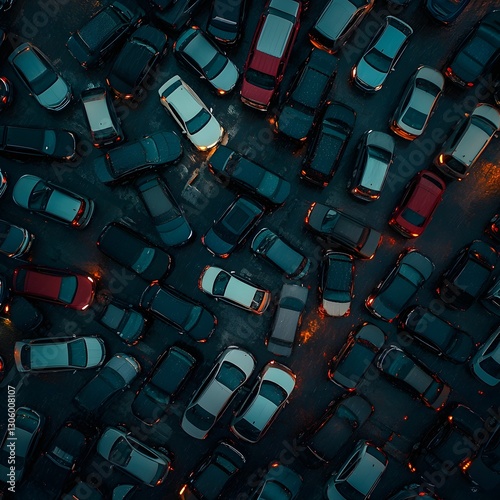 Aerial View of Chaotic Urban Traffic Jam in Densely Packed City Neighborhood