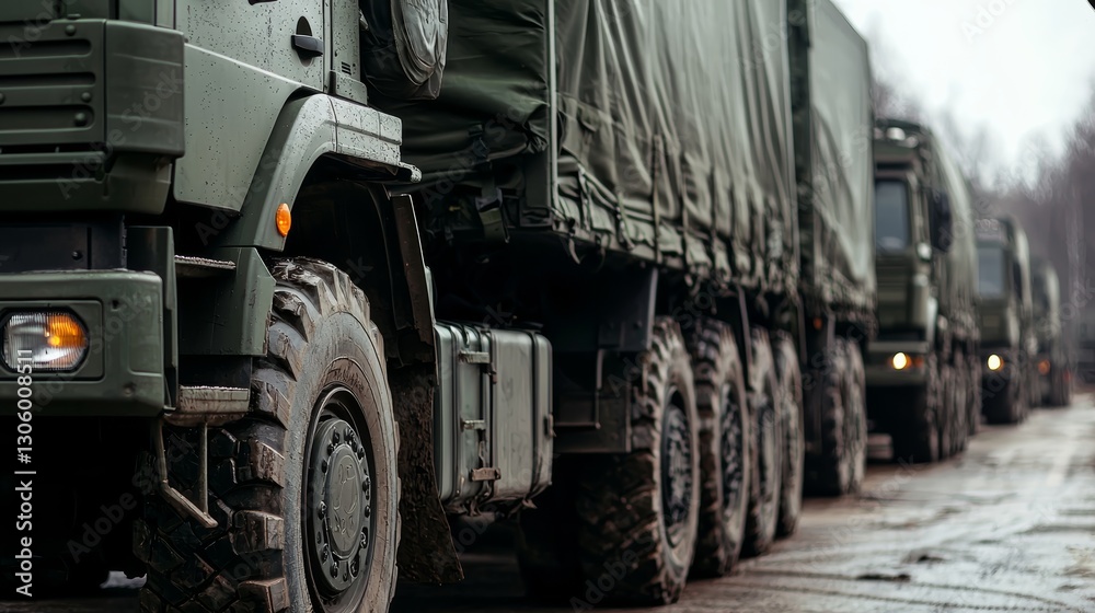 A row of military trucks with green tarps parked on a muddy road, showcasing rugged vehicles ready for transport or deployment.