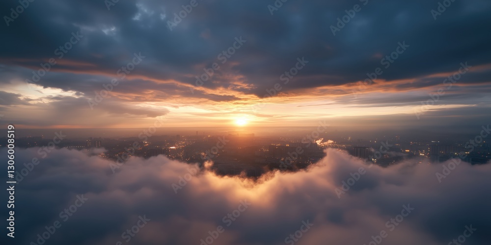 Obraz premium A breathtaking view of a cloudy cityscape at sunset creating a dramatic atmosphere that highlights beauty amidst urban development and nature.