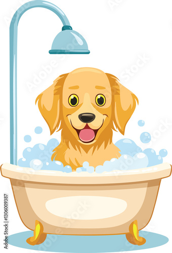 Illustration of a cartoon of a dog taking a bath in a bathtub.