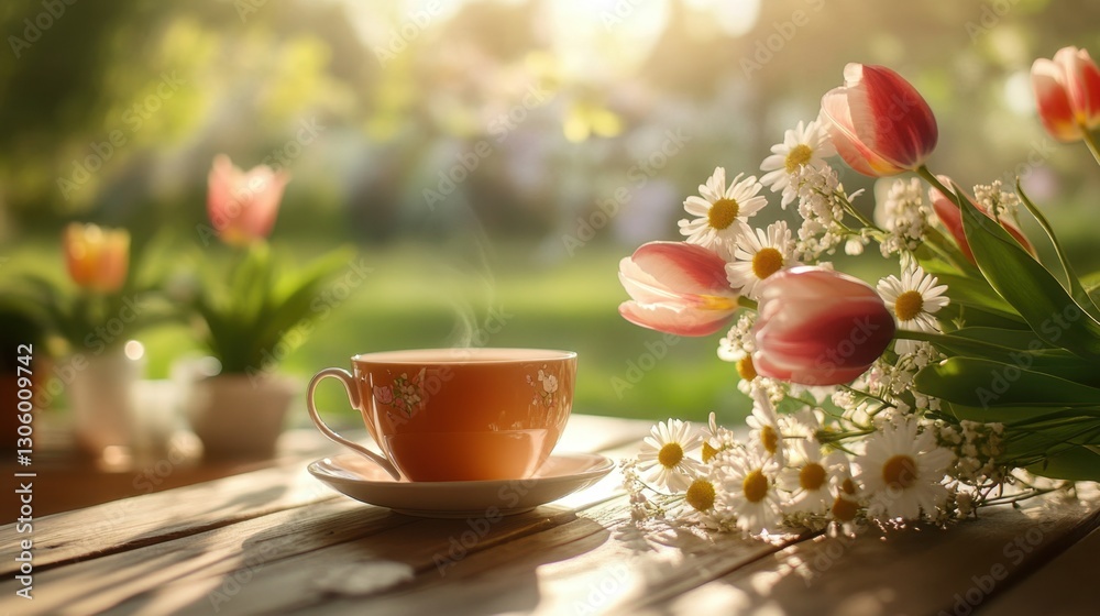 Fototapeta premium Floral spring morning with a cup of tea and a bouquet of tulips and daisies on a sunlit wooden table. Warm and inviting atmosphere.