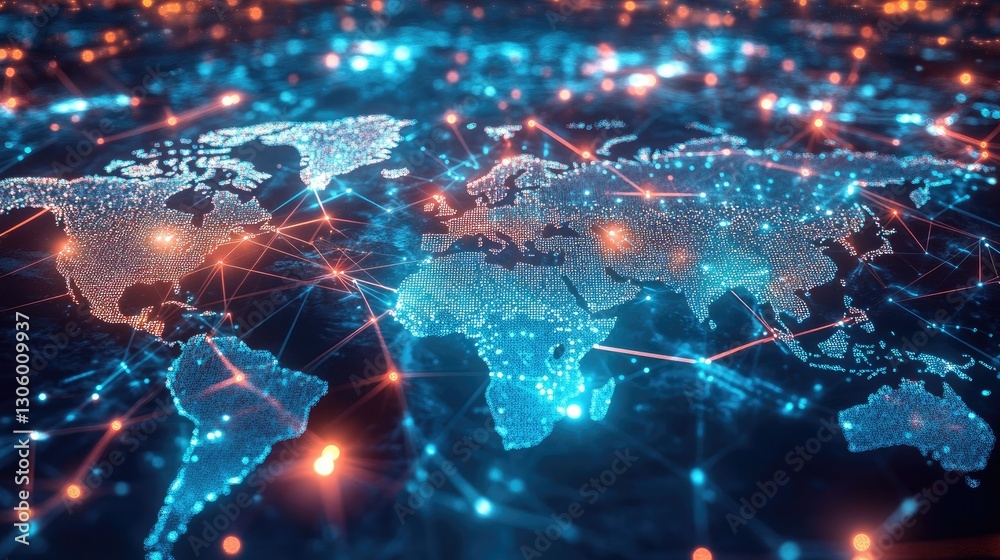 A digital map showing intricate logistics routes illuminated with neon lights, symbolizing the global interconnectedness of trade networks