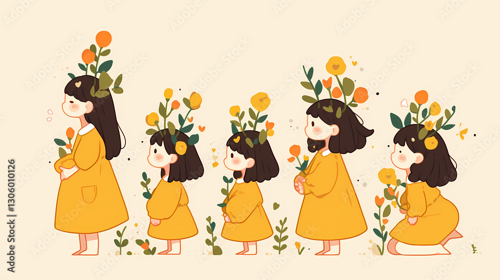 Naklejka premium Illustration of a girl in a yellow dress growing alongside flowers, depicting stages of growth and nature