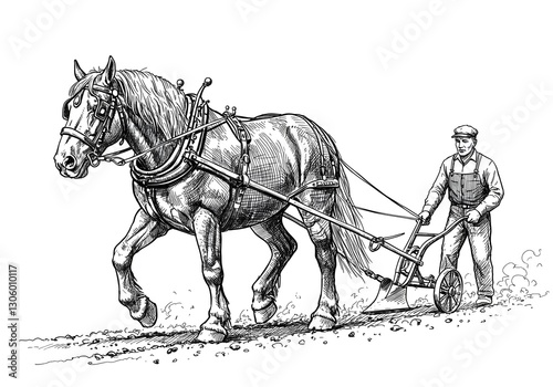 Horse Pulling Plow with Farmer in Field Vintage Illustration Artwork photo