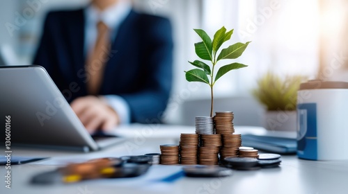 Nurturing growth planting a small green life amidst coins desk environment business image motivational perspective