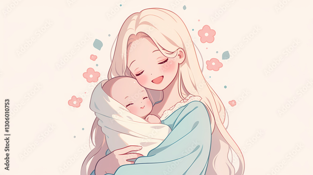 A serene illustration of a mother lovingly cradling her newborn baby, surrounded by soft floral accents A serene illustration of a mother lovingly cradling her newborn baby, surrounded by soft floral accents
