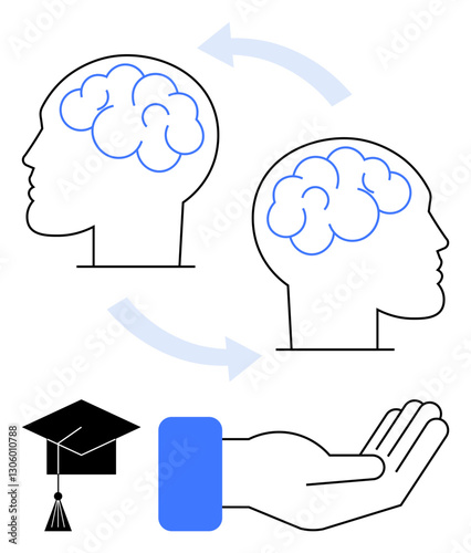 Two human heads with arrows indicating knowledge transfer, connected to a graduation cap and an open hand. Ideal for education, mentorship, support, collaboration, training, growth charity. Flat