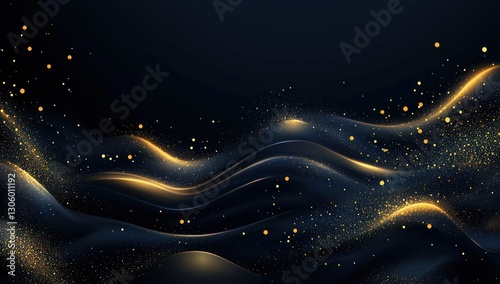 Deep navy backdrop adorned with glowing gold particles and flowing light.