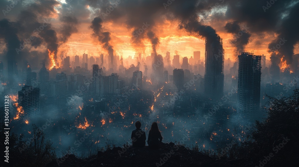 People watch urban landscape burning with smoke during sunset from hillside People watch urban landscape burning with smoke during sunset from hillside