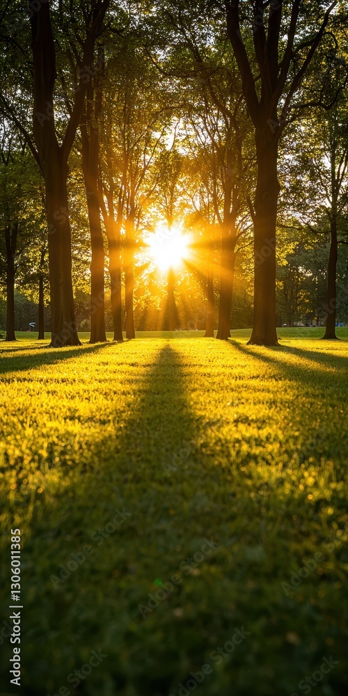 Naklejka premium A serene park scene at sunset, featuring tall trees casting long shadows on lush green grass, illuminated by the warm glow of the sun.