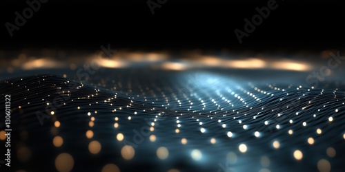 The image showcases a mesmerizing abstract representation of light waves, featuring glowing dots and smooth undulating patterns that create a serene ambiance.