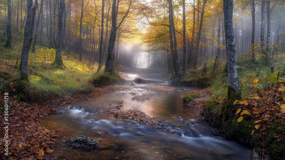 Obraz premium Mystical Forest Stream in Morning Fog