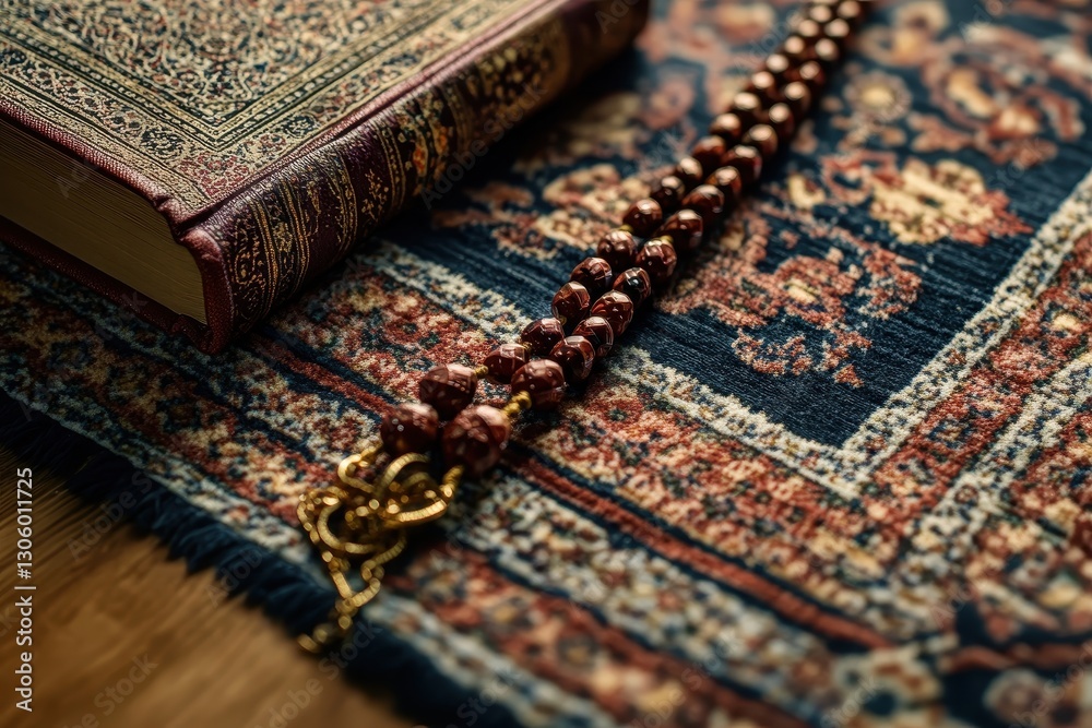 Close-Up of an Intricately Patterned Prayer Rug with Rosary and Quran Reflecting Spiritual Devotion in Islamic Culture Close-Up of an Intricately Patterned Prayer Rug with Rosary and Quran Reflecting Spiritual Devotion in Islamic Culture