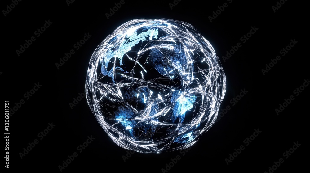 Futuristic 3D Earth with pulsing white and blue networks, showcasing global internet connections and information exchange. Futuristic 3D Earth with pulsing white and blue networks, showcasing global internet connections and information exchange.