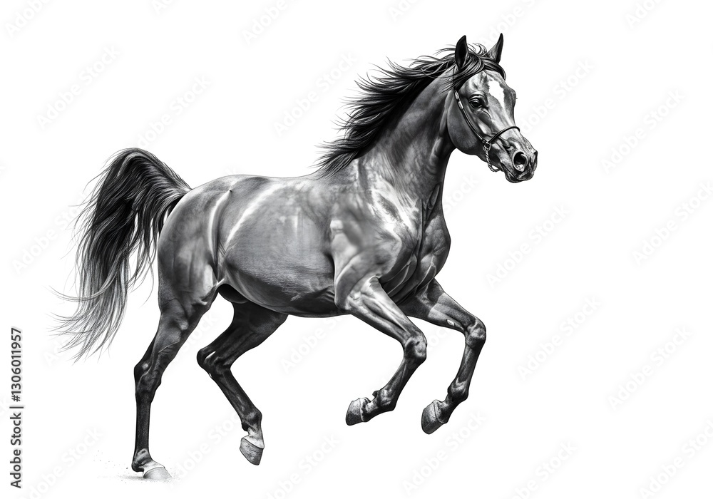 Obraz premium Elegant Gray Horse Galloping Isolated on White Background Showcasing Power