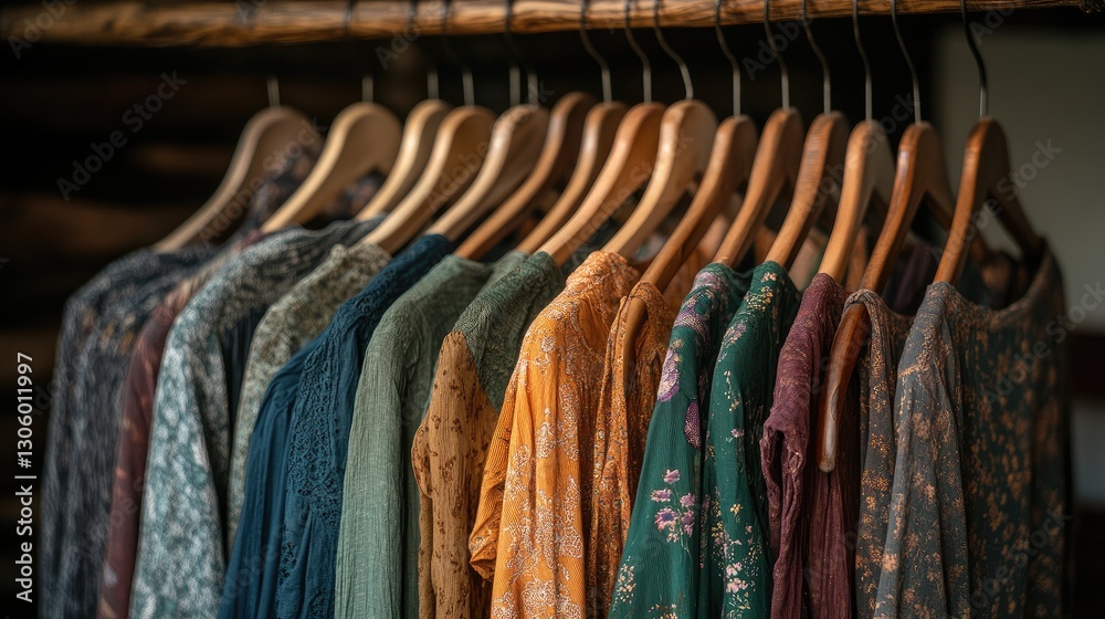 Vibrant maxi dresses with floral patterns neatly arranged on a clothing rack. Vibrant maxi dresses with floral patterns neatly arranged on a clothing rack.