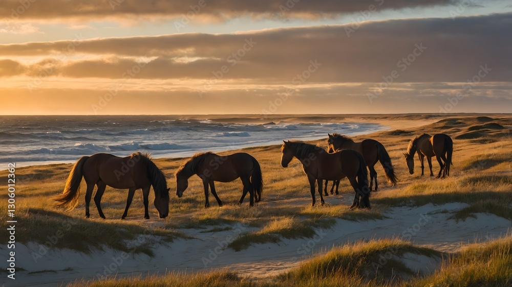 Fototapeta premium Dune Dreams: A Tranquil Sunset with Wild Horses on Sable Island