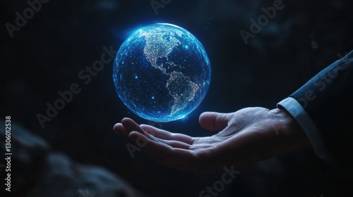 Futuristic financial and global trade concept with glowing blue globe levitating over a professional hand