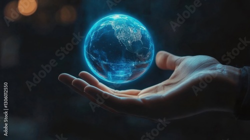 Futuristic financial and global trade concept with glowing blue globe levitating over a professional hand