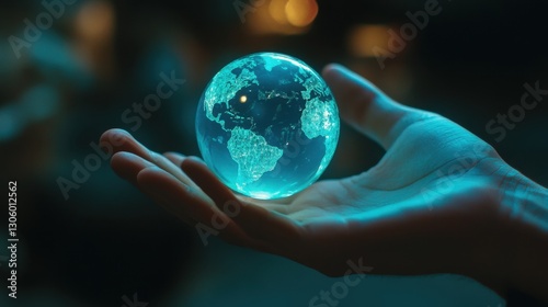 Futuristic financial and global trade concept with glowing blue globe levitating over a professional hand