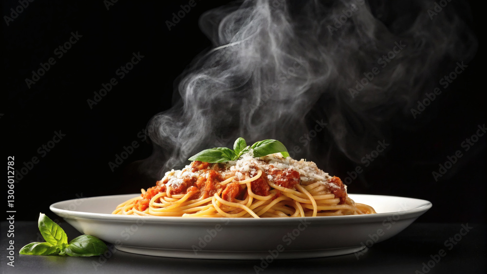 Fototapeta premium Steaming plate of spaghetti with basil garnish.