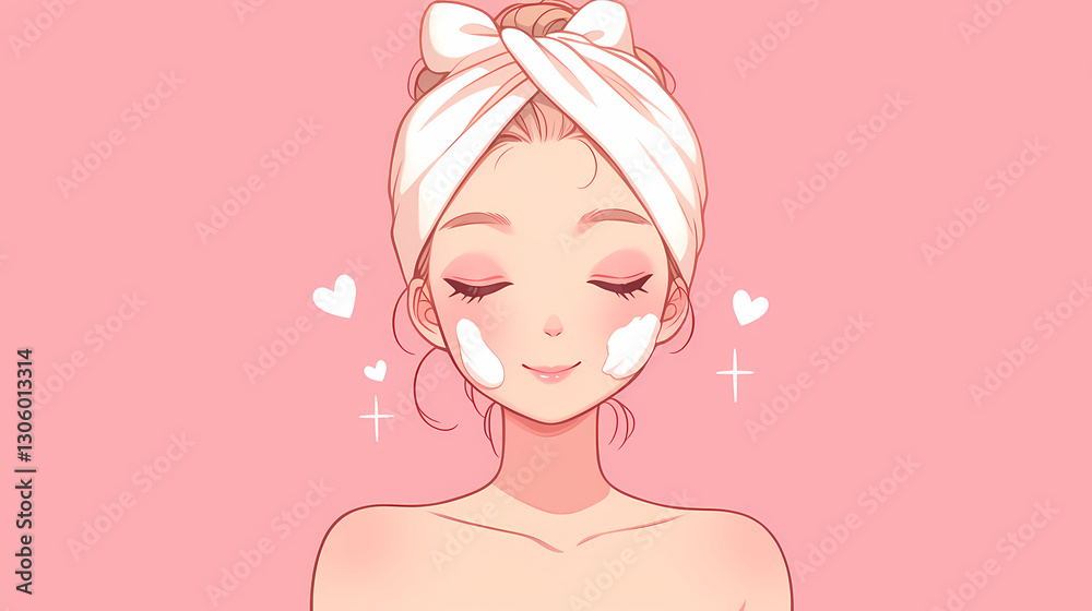 Young woman with a headband applying facial cleanser, surrounded by soft pink background and hearts Young woman with a headband applying facial cleanser, surrounded by soft pink background and hearts