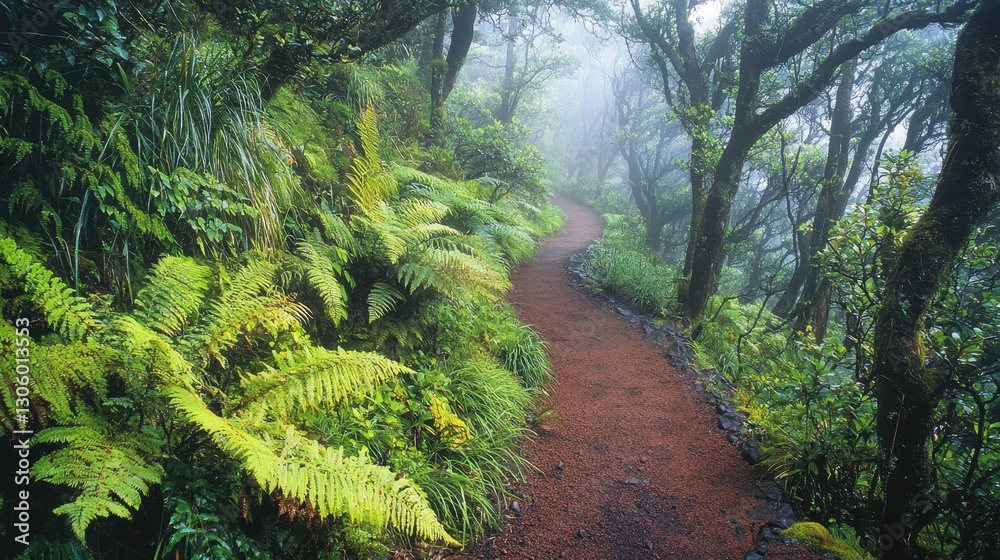 Naklejka premium Enchanted Foggy Forest Path with Morning Light