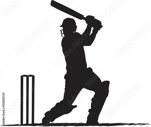 Create a Cricket man bat and ball vector art silhouette with white background.