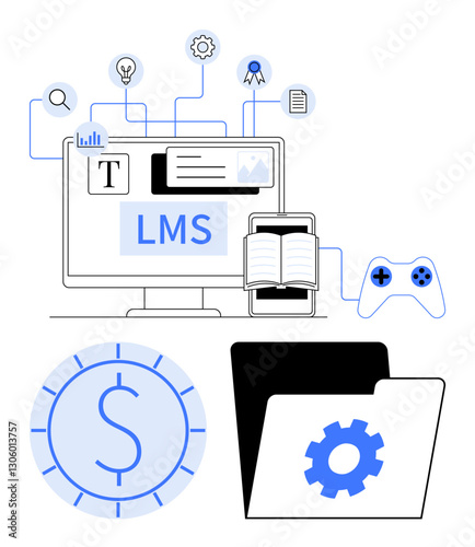 Computer screen displaying LMS, book, gaming controller, money, and folder with gear icon. Ideal for e-learning applications, education technology, digital learning, content management gamification