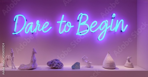 Neon sign dare begin radiant lavender cyber blue mounted inside stylish art gallery softly glowing abstract sculptures