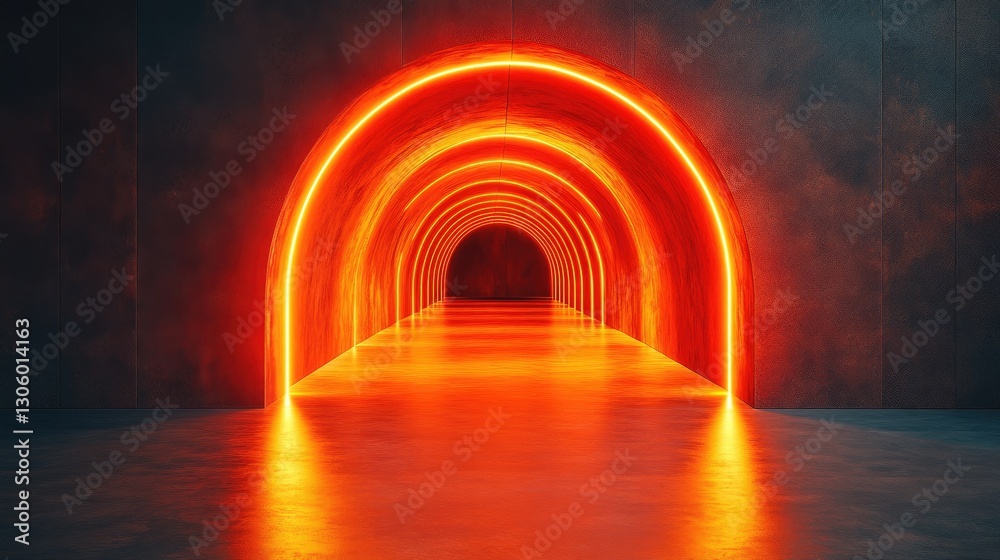 Fototapeta premium Neon arch tunnel, futuristic, glowing, interior, dark, architectural, 3d rendering, industrial