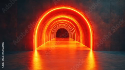Neon arch tunnel, futuristic, glowing, interior, dark, architectural, 3d rendering, industrial