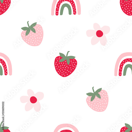 Cute Strawberry pattern, seamless print with berry. Natural sweet food. Summer fruit background for fabric, textile, wrapping paper, wallpaper. Flat vector illustration