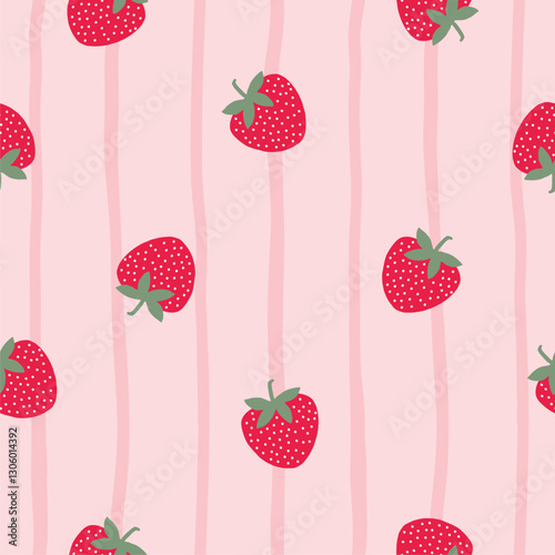 Cute Strawberry pattern, seamless print with berry. Natural sweet food. Summer fruit background for fabric, textile, wrapping paper, wallpaper. Flat vector illustration