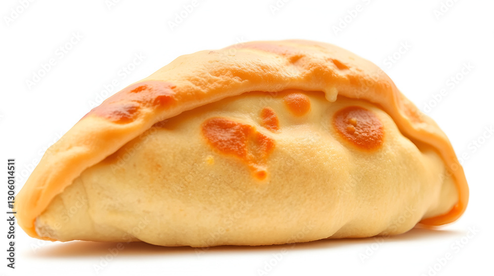 Calzone. Looked at from the side, low perspective, at a 33 degree angle, soft lighting, isolated on a white background. Calzone. Looked at from the side, low perspective, at a 33 degree angle, soft lighting, isolated on a white background.