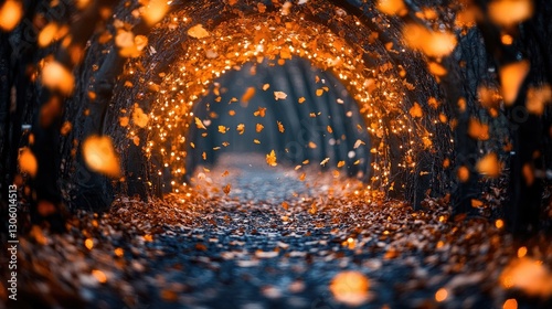 Autumn leaves tunnel, magic fall path, dark woods, fantasy background, seasonal card