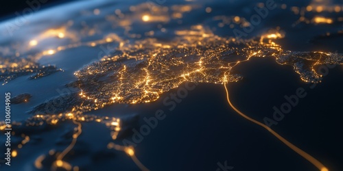 An aerial view of Earth at night showcasing glowing city lights and intricate road networks, highlighting human expansion and urbanization across the globe.