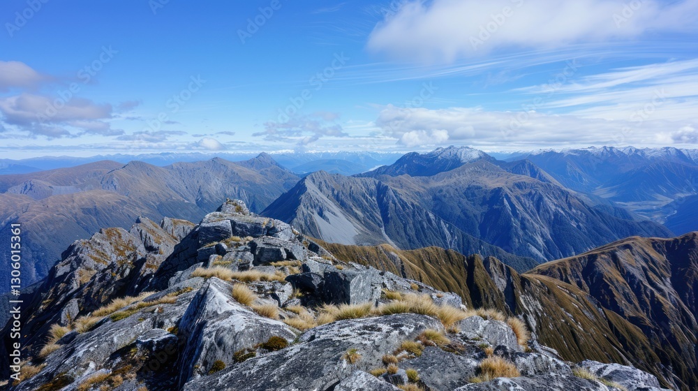 Obraz premium Panoramic mountain range view from rocky summit.