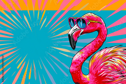 Flamingo with Sunglasses on Colorful Abstract Background