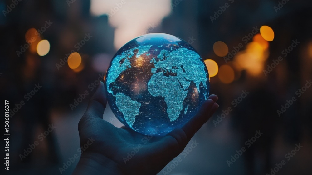 Fototapeta premium Hand holding a glowing blue crystal globe with a digital world map, representing global networking and technology