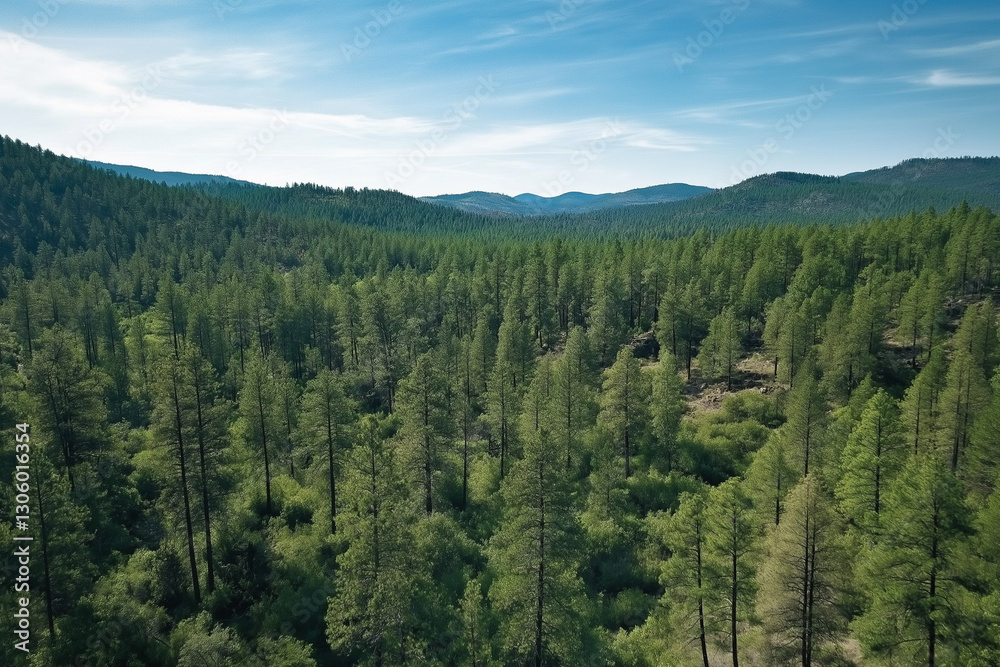 Overhead perspective of lush coniferous forest with vibrant tree canopy gradients, drone-captured greenery for environmental campaigns or eco-tourism branding Overhead perspective of lush coniferous forest with vibrant tree canopy gradients, drone-captured greenery for environmental campaigns or eco-tourism branding